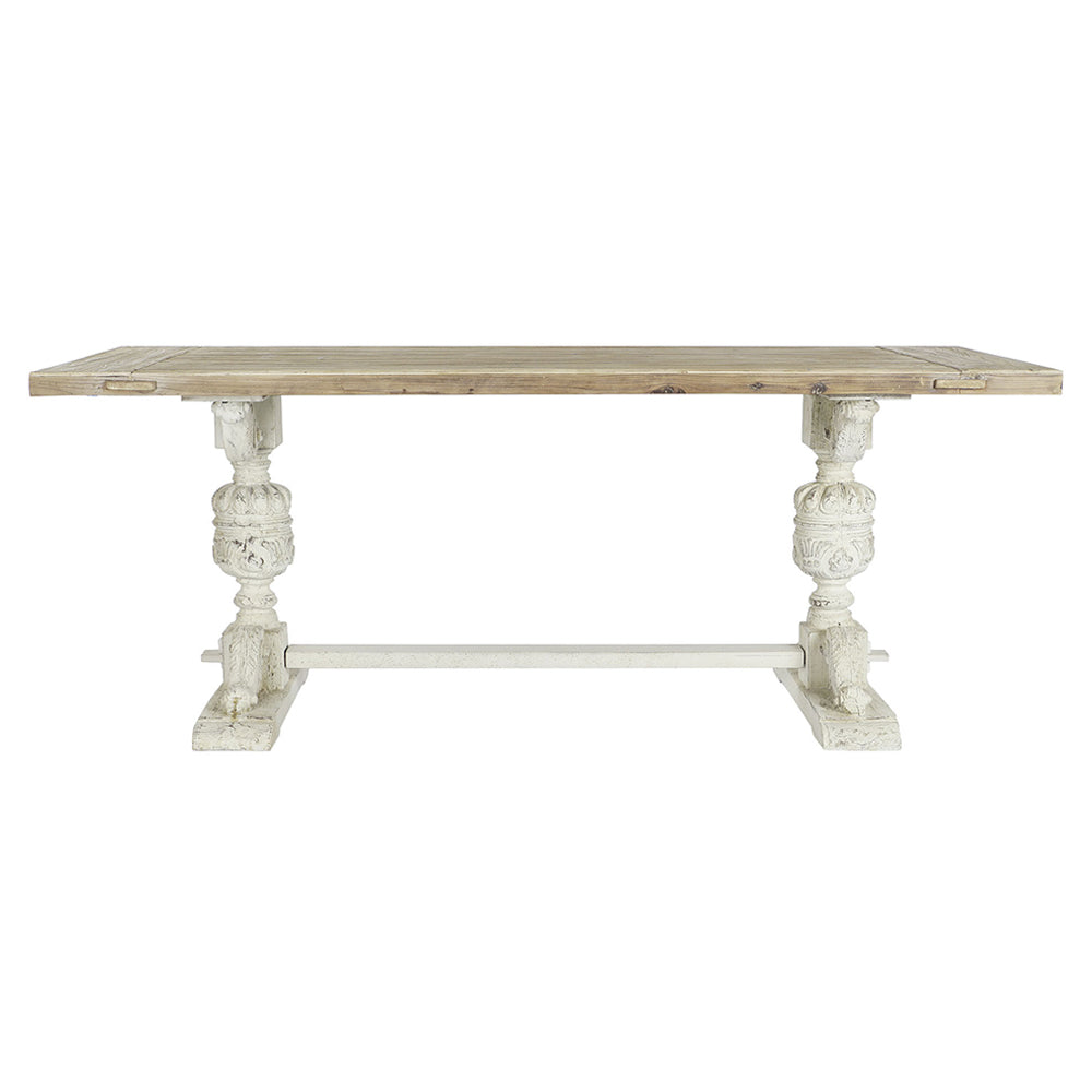 Shabby chic stílusú, díszes lábú étkezőasztal.