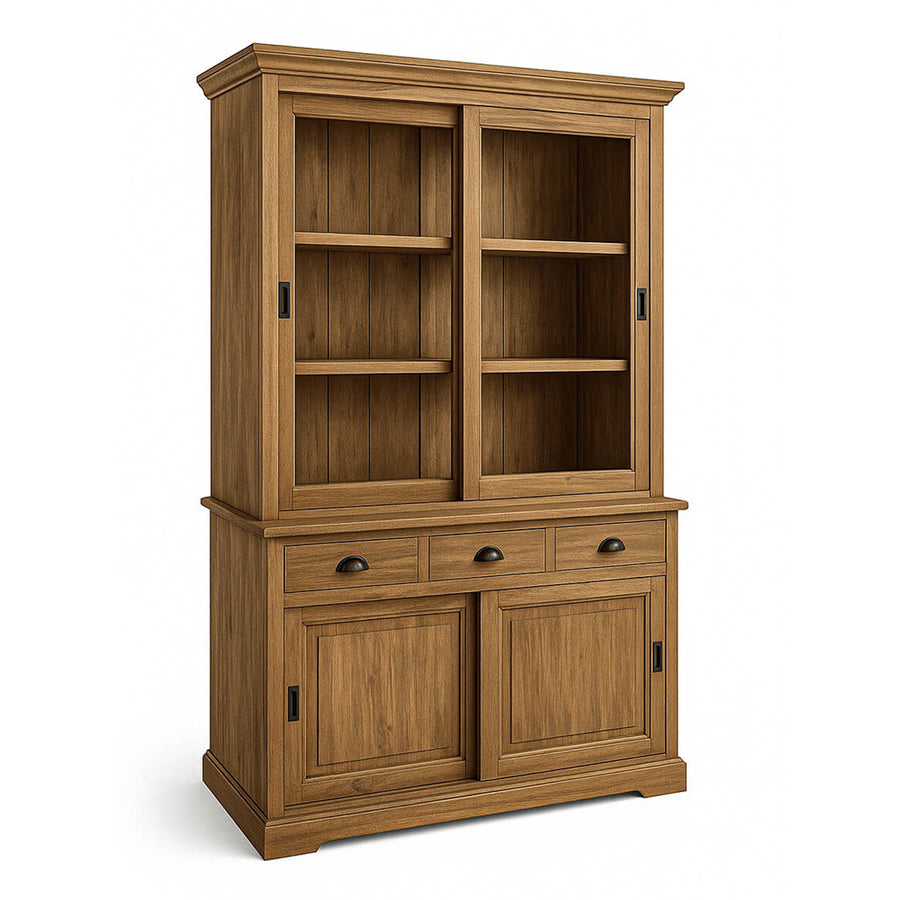 FEROE vitrines szekrény perspektivikus nézetben, természetes teakfa felülettel