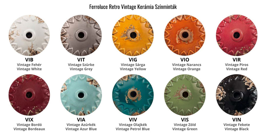 Ferroluce Retro vintage kerámia színminták – tízféle kézzel antikolt árnyalat, köztük Vintage Fehér, Szürke, Sárga, Narancs, Piros, Bordó, Azúrkék, Olajkék, Fekete és Zöld