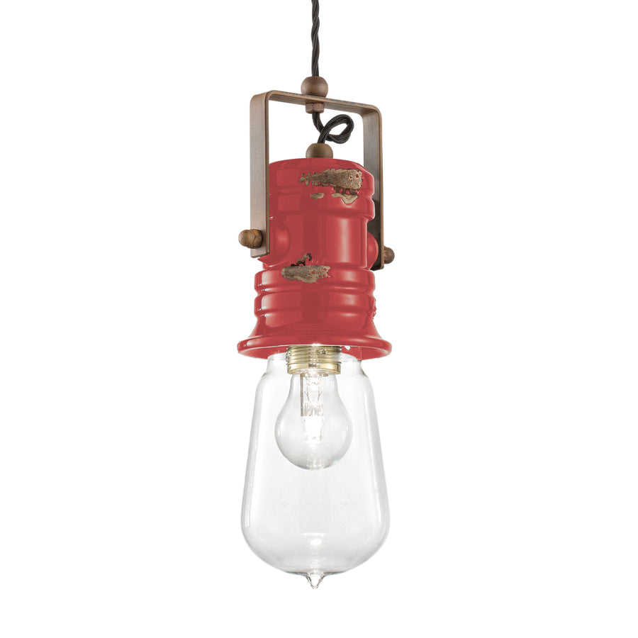 Ferroluce Retro Urban függőlámpa részletfotó piros kerámia burával, ipari loft stílusban, antikolt felülettel és Edison stílusú üvegbúrával – C1740 modell
