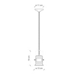 Ferroluce Retro Urban függesztett lámpa méretrajz – 13 cm átmérő, 19 cm magasság, 11 cm mennyezeti talp, textilkábel felfüggesztéssel.