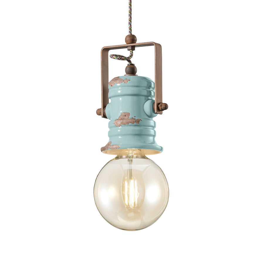 Ferroluce Retro Urban függesztett lámpa részlet – vintage azúrkék mázas kerámia foglalat E27 izzóval és ipari stílusú fém tartóval.