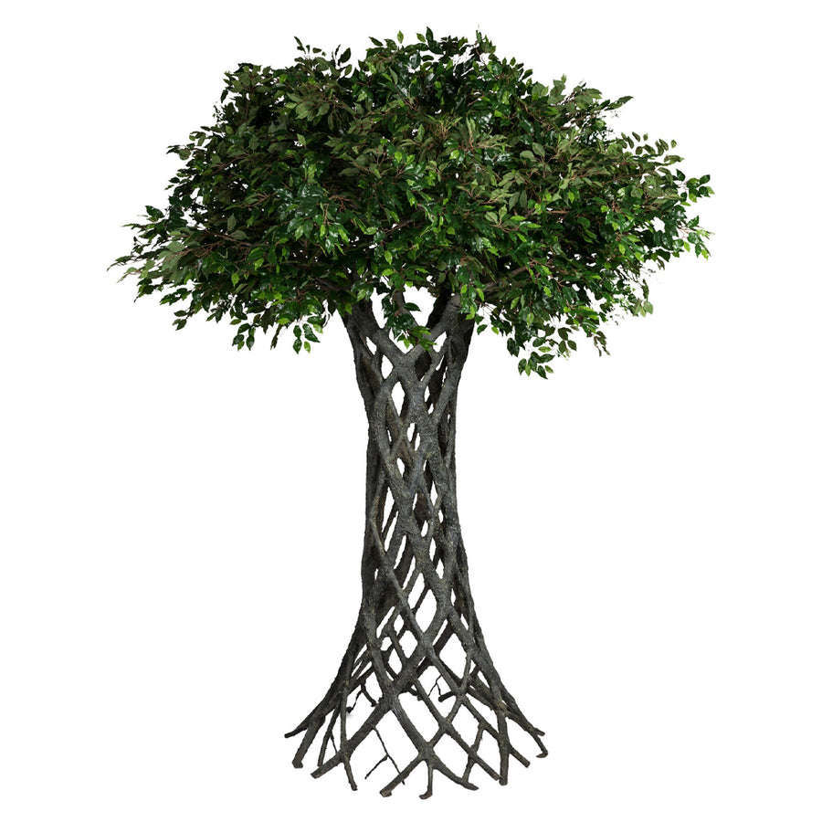 FICUS óriás zöld mű fikusz fa 320 cm fonott törzzsel és sűrű zöld lombkoronával.