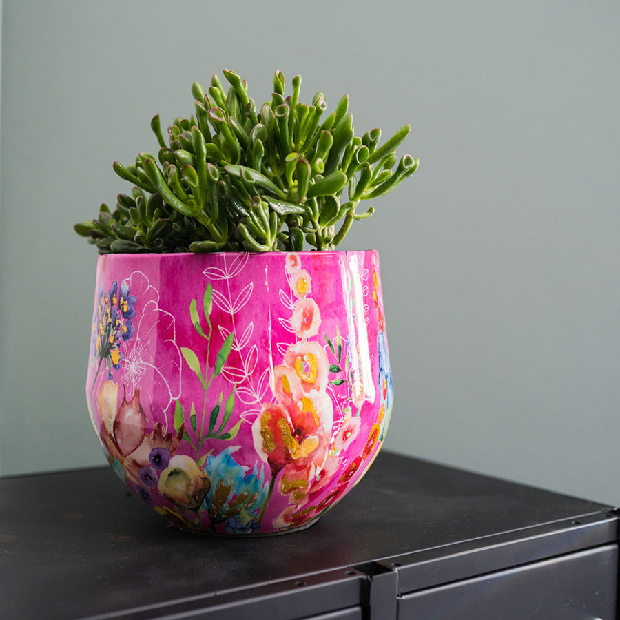 3 darabos, fukszia színű, fém design kaspó szett.