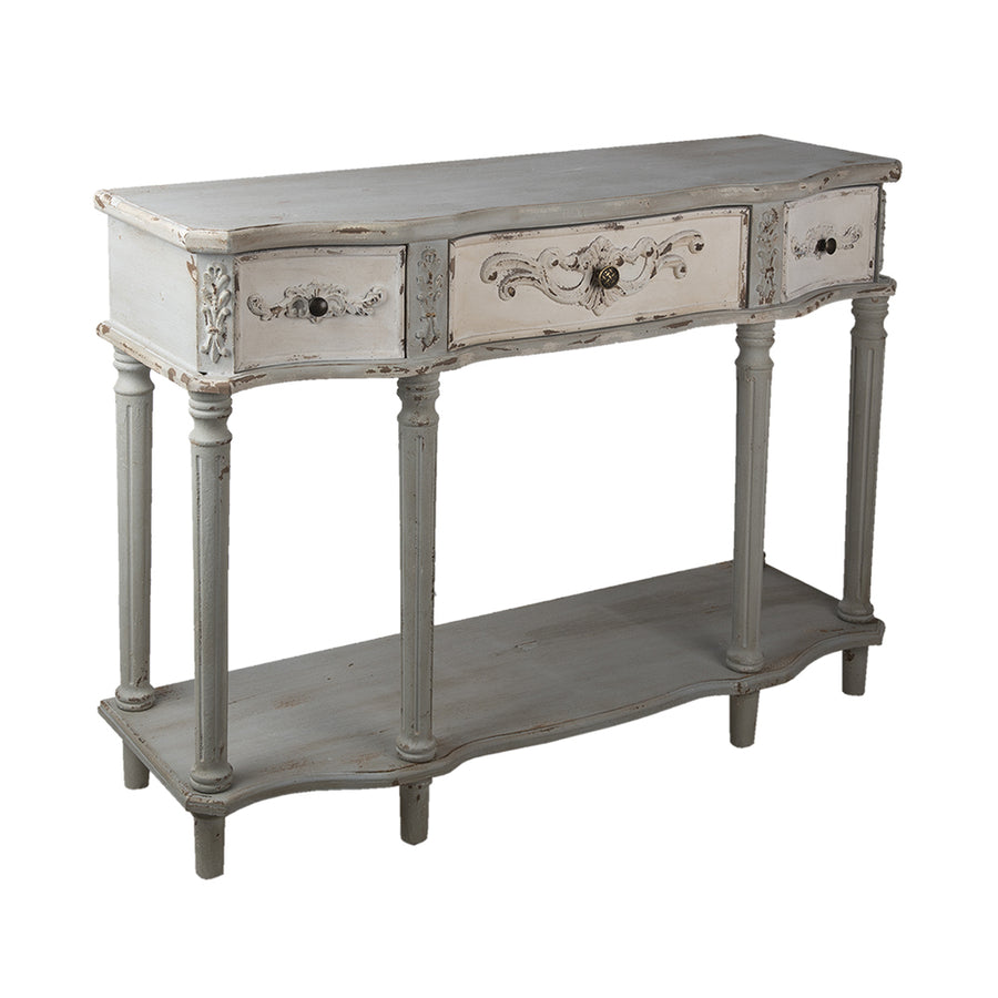 Antikolt, patinás felületű, szürke színű, 3 fiókos fa konzolasztal .