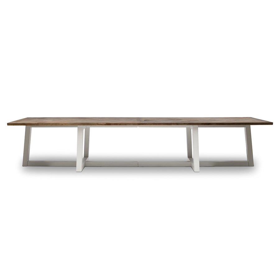 Parketta mintás szilfa étkezőasztal 400 cm fehér lábszerkezettel, modern design
