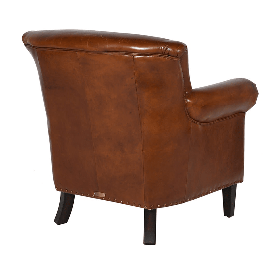 Vintage-loft stílusú, antikolt, dohánybarna színű bőrrel kárpitozott bőrfotel .