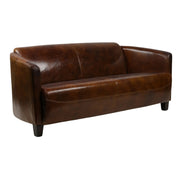 Háromszemélyes vintage stílusú bőrkanapé dohánybarna színben, ívelt háttámlával és valódi bőr kárpitozással