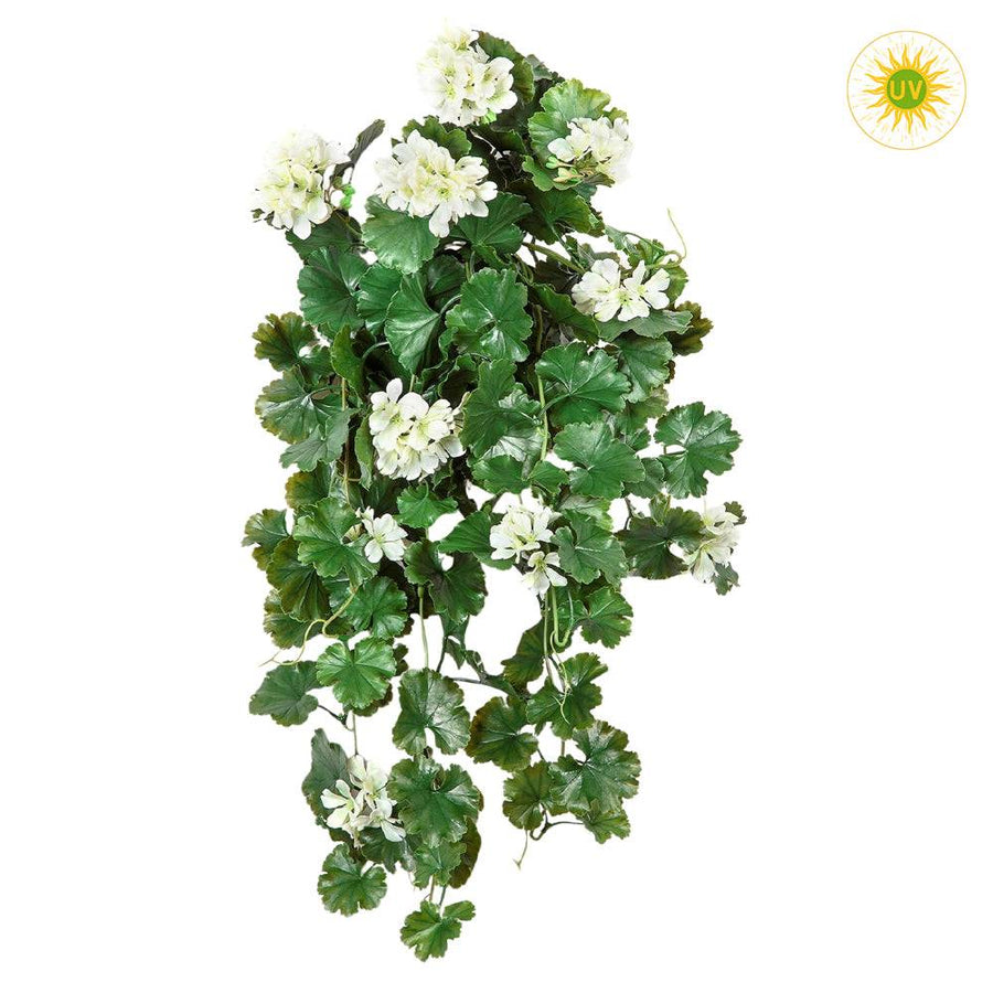 Krém színű, UV-álló 66 cm hosszú csüngő mű muskátli dús zöld levelekkel