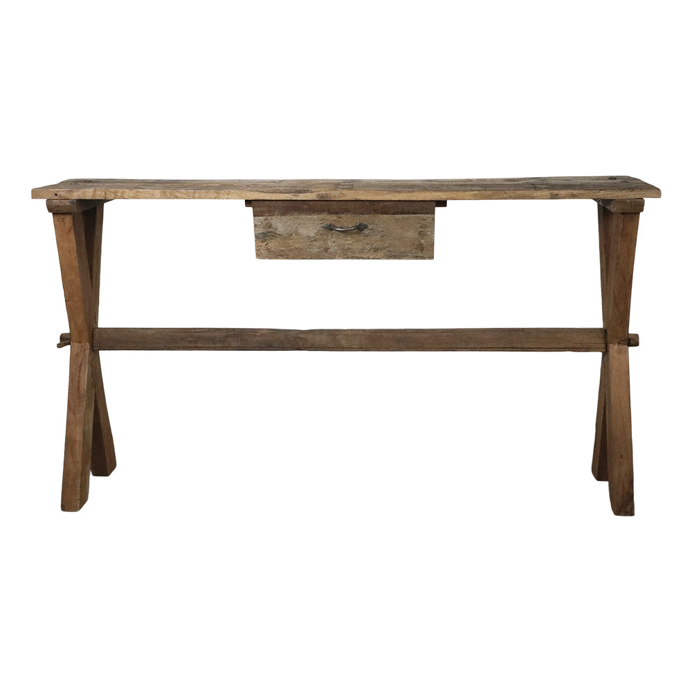 GRIMAUD rusztikus konzolasztal újrahasznosított fából, natúr színben – elölnézet