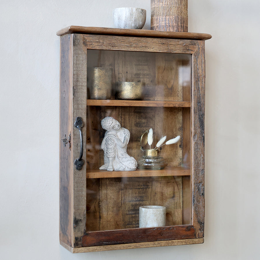 GRIMAUD vitrines fali kisszekrény rusztikus stílusban, falra szerelve, natúr fa felülettel