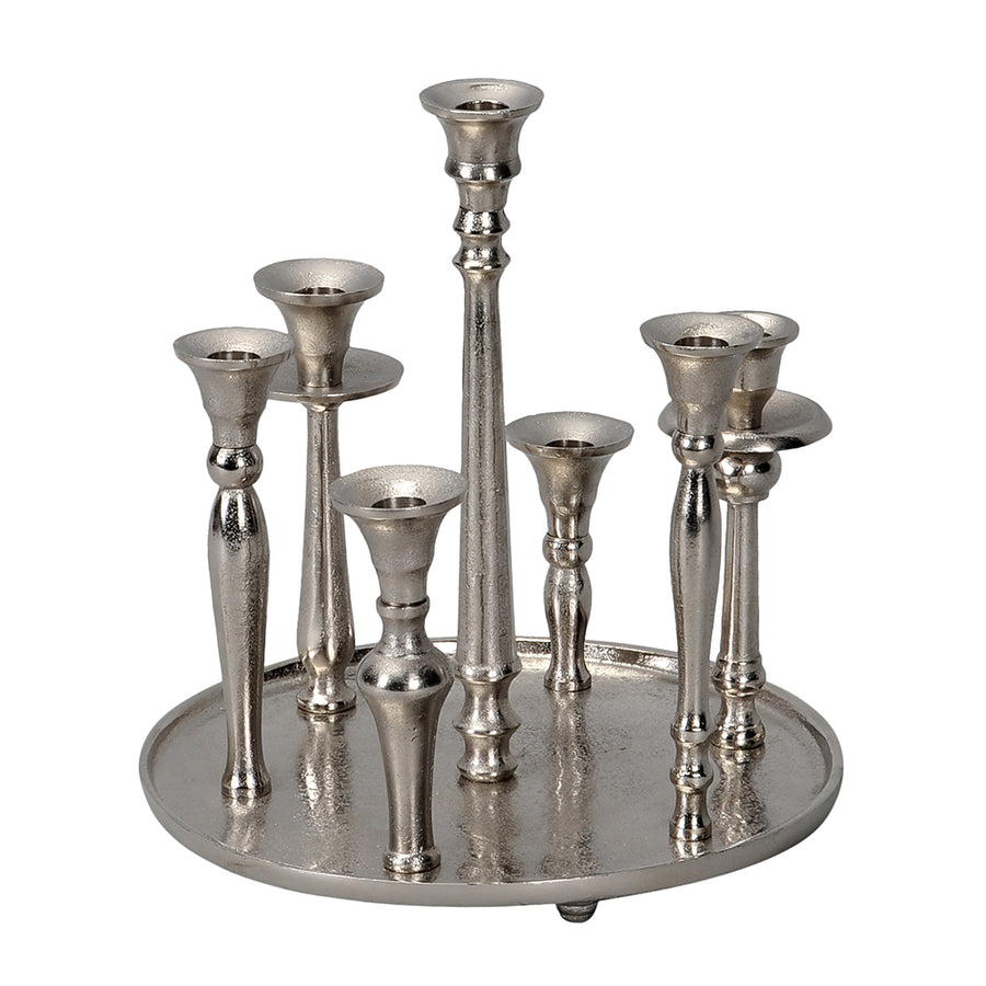 Impozáns 7 ágú ezüstszínű alumínium gyertyatartó Ø30 cm, a Gros kollekcióból. Glamour stílus, elegáns központi dekoráció ünnepekre és otthonába.