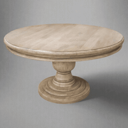 Tömör manófából készült kerek étkezőasztal stúdió fotója.