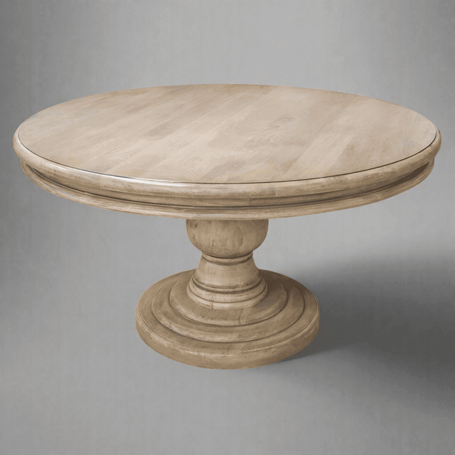 Tömör manófából készült kerek étkezőasztal stúdió fotója.