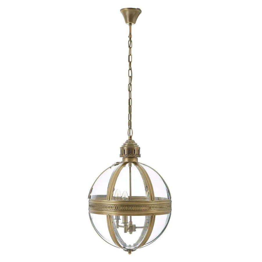 Íves térbeli üvegezéssel burkolt, fém szerkezetű, rézszínű, elegáns gömb függeszték lámpa, klasszikus csillár betéttel.