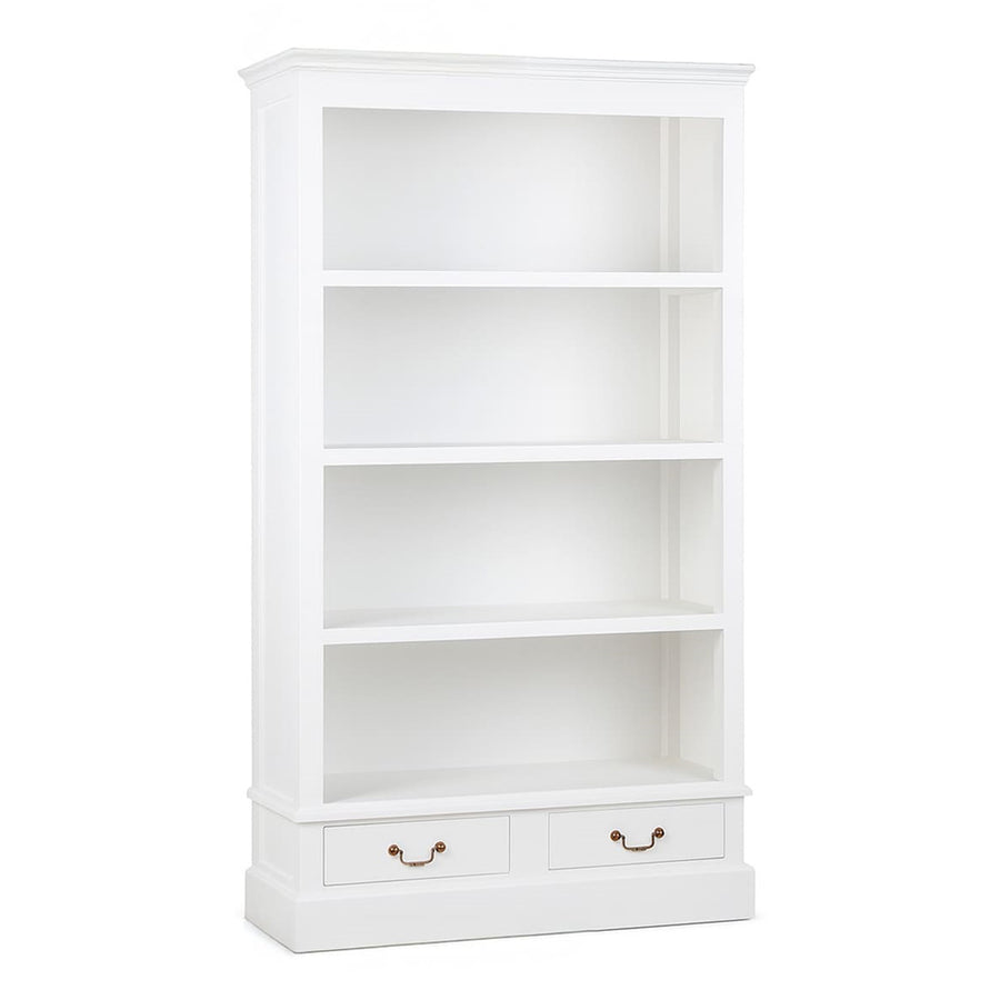 HARVARD könyvszekrény perspektivikus nézetben, fehér felülettel és bronz fogantyúkkal