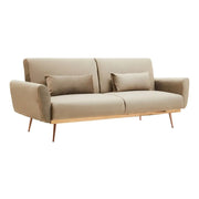 Cappuccinoszínű bársony kanapé.