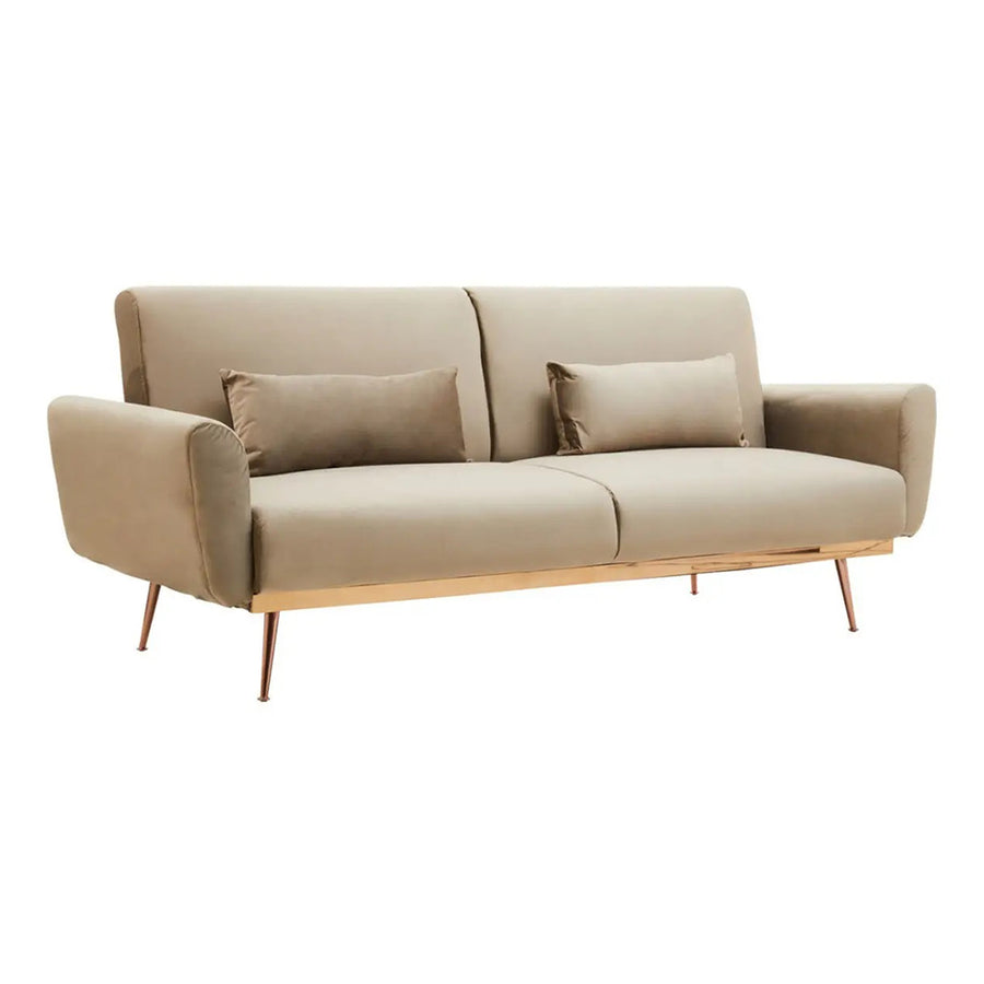 Cappuccinoszínű bársony kanapé.