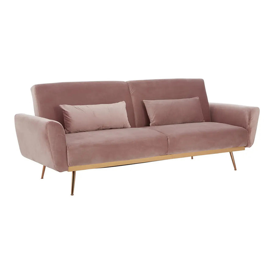 Púderpinkszínű bársonnyal kárpitozott, dönthető háttámlájú, ággyá alakítható 3 személyes kanapé.