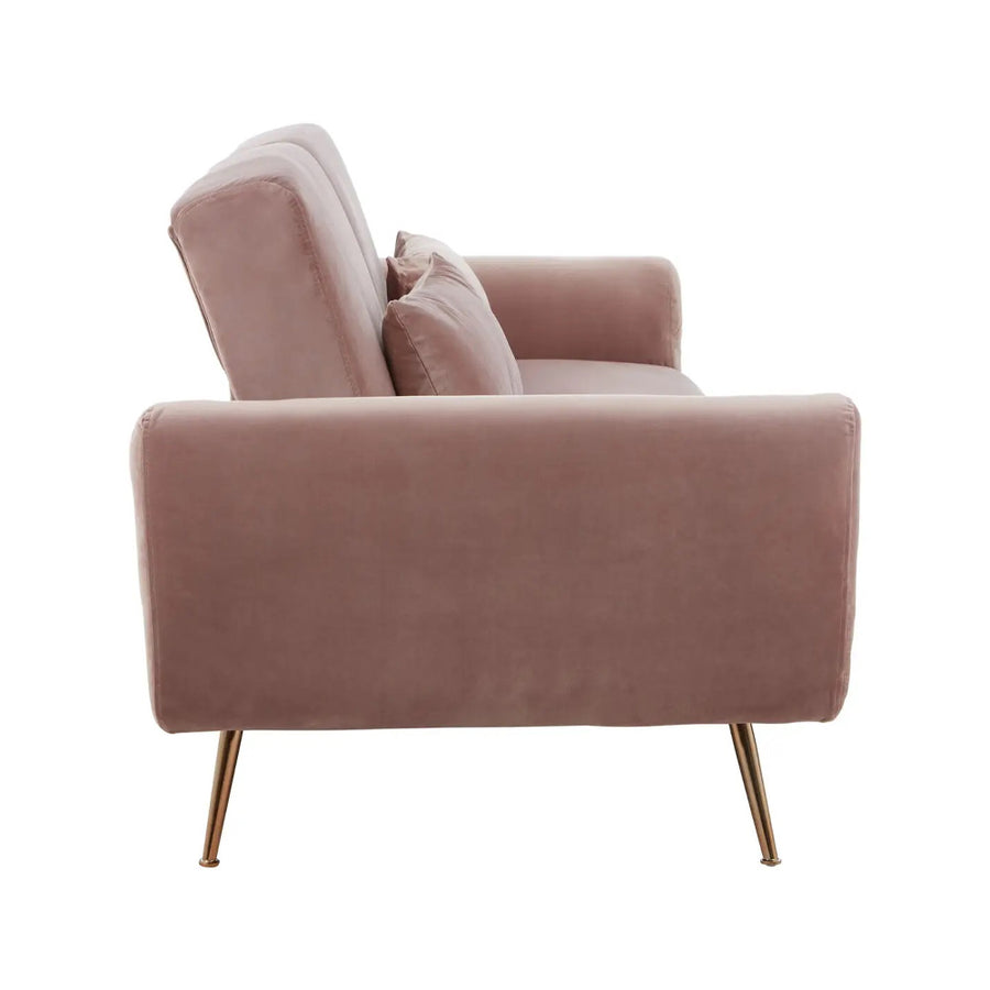 Púderpinkszínű bársonnyal kárpitozott, dönthető háttámlájú, ággyá alakítható 3 személyes kanapé.