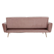 Púderpinkszínű bársonnyal kárpitozott, dönthető háttámlájú, ággyá alakítható 3 személyes kanapé.