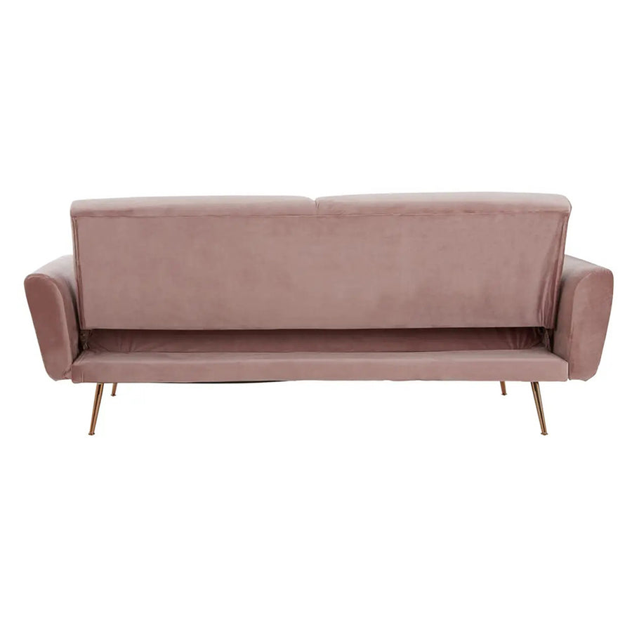 Púderpinkszínű bársonnyal kárpitozott, dönthető háttámlájú, ággyá alakítható 3 személyes kanapé.