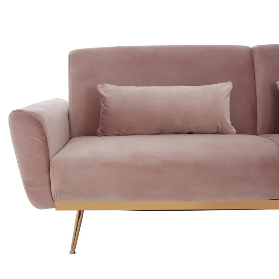 Púderpinkszínű bársonnyal kárpitozott, dönthető háttámlájú, ággyá alakítható 3 személyes kanapé.