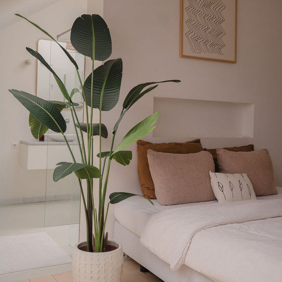 Hálószobai enteriőrben kaspóba ültetett Heliconia mű rákollóvirág, díszpárnákkal és ággyal a háttérben