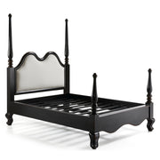 HERITAGE fekete mahagónifa franciaágy előlnézetben, szövetbetétes fejtámlával és díszes oszlopokkal