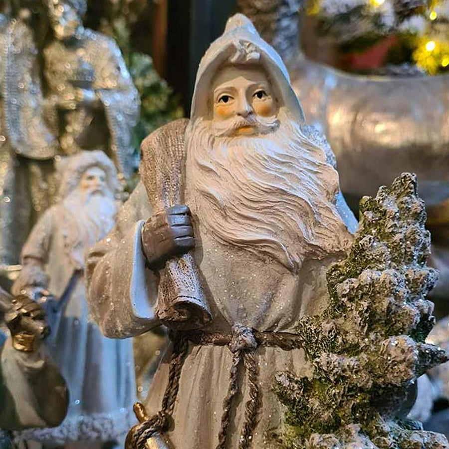 Világoskék vintage Mikulás figura havas fenyőfával és csengővel