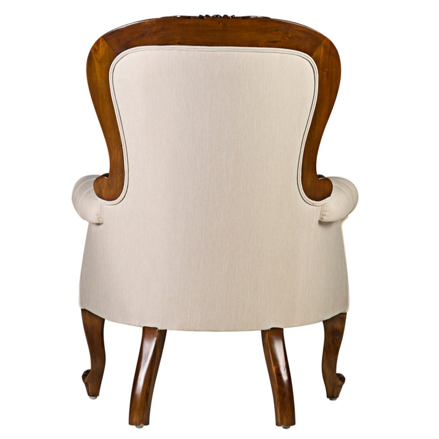 Hátulnézet a HERITAGE mahagónifa fotelről, fa keretes bézs kárpitozással.