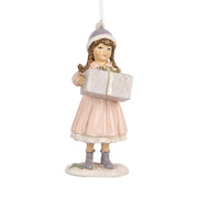 Heritage kollekció pink téli kislány karácsonyfadísz 11 cm, könyvet tartó figura.