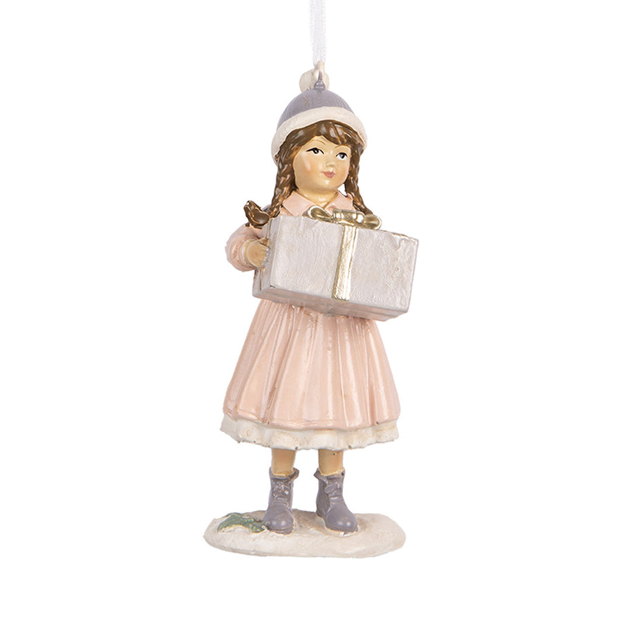 Heritage kollekció pink téli kislány karácsonyfadísz 11 cm, könyvet tartó figura.