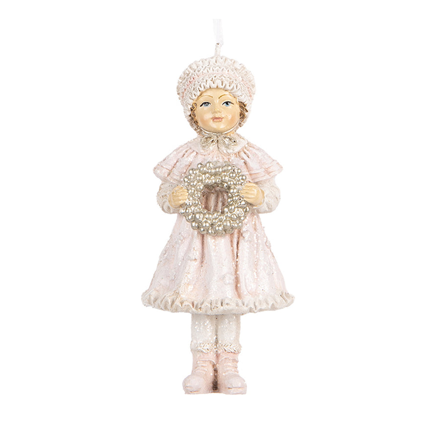 Közelkép a HERITAGE pink téli kislány karácsonyfadíszről, részletesen kidolgozott koszorúval.