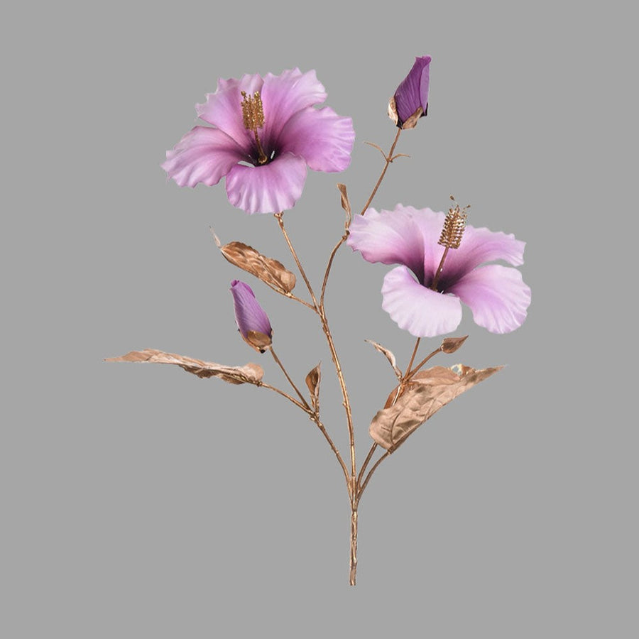 fényes aranyszínű szárú és levelű, lila színárnyalatú mű hibiszkusz virág