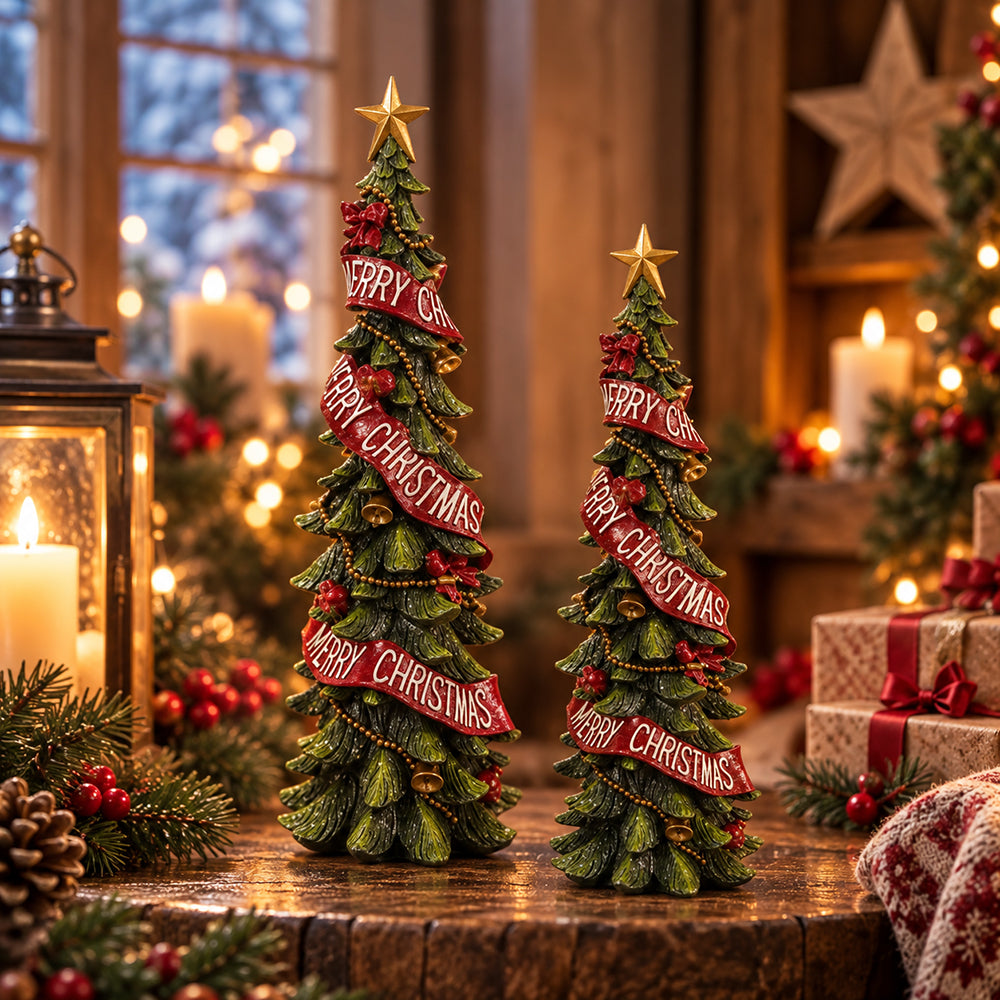 HOLLY GREENS karácsonyi dekorfenyőfák piros Merry Christmas szalaggal különböző méretekben