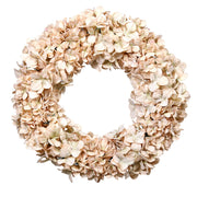 Deres krémszínű hortenzia koszorú 50 cm-es méretben, művirágokból, fehér háttérrel