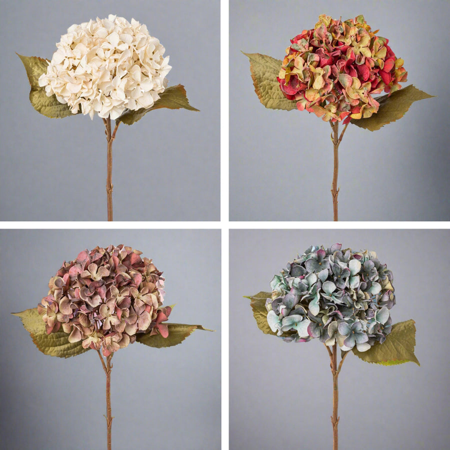 Bézs, korall, mályva és kék színű mű hortenzia ágak.