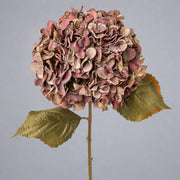 Élethű mű hortenzia ág fáradtmályva árnyalatban, vintage stílusú levelekkel, semleges háttéren fotózva