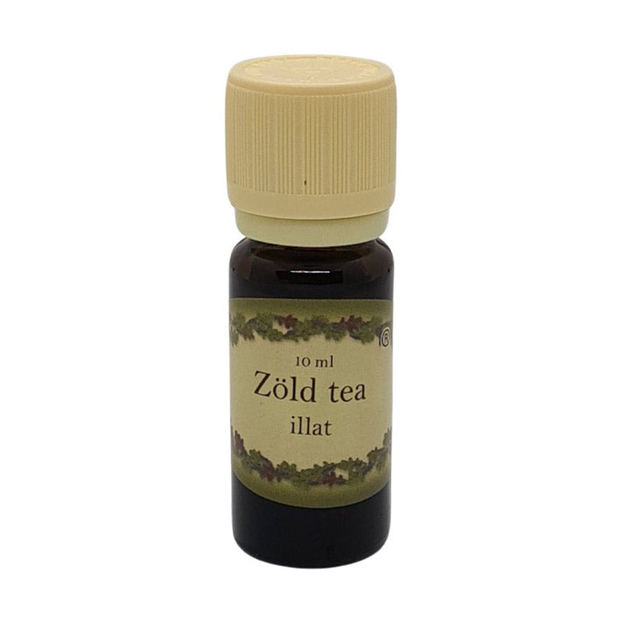 Zöld tea illatú illóolaj 10 ml barna üvegcsében, bézs kupakkal – friss, enyhén fűszeres, tiszta aromaterápiás olaj.