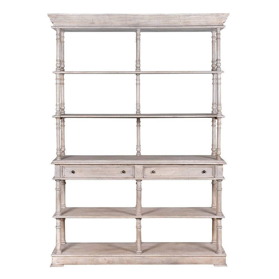 IMPERIAL akácfa könyvespolc elölnézetben, oszlopos szerkezettel és fiókokkal