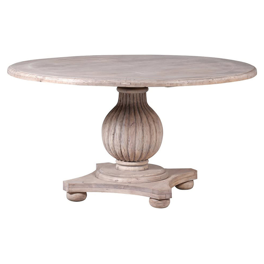 Natúrszínű, tömör akácfából készült, kerek formájú, exkluzív kézműves étkezőasztal.