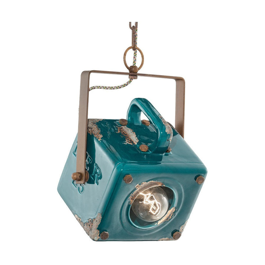 Vintage olajkék színű , ipari stílusú kerámia függeszték lámpa.