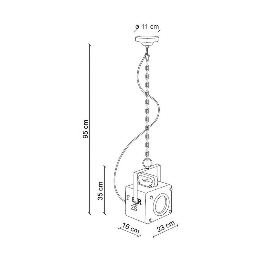 Ipari stílusú függeszték lámpa technikai rajza.