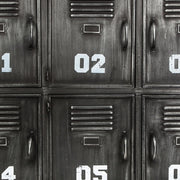 Antik szürke színű, ipari stílusú számozott fém komód.