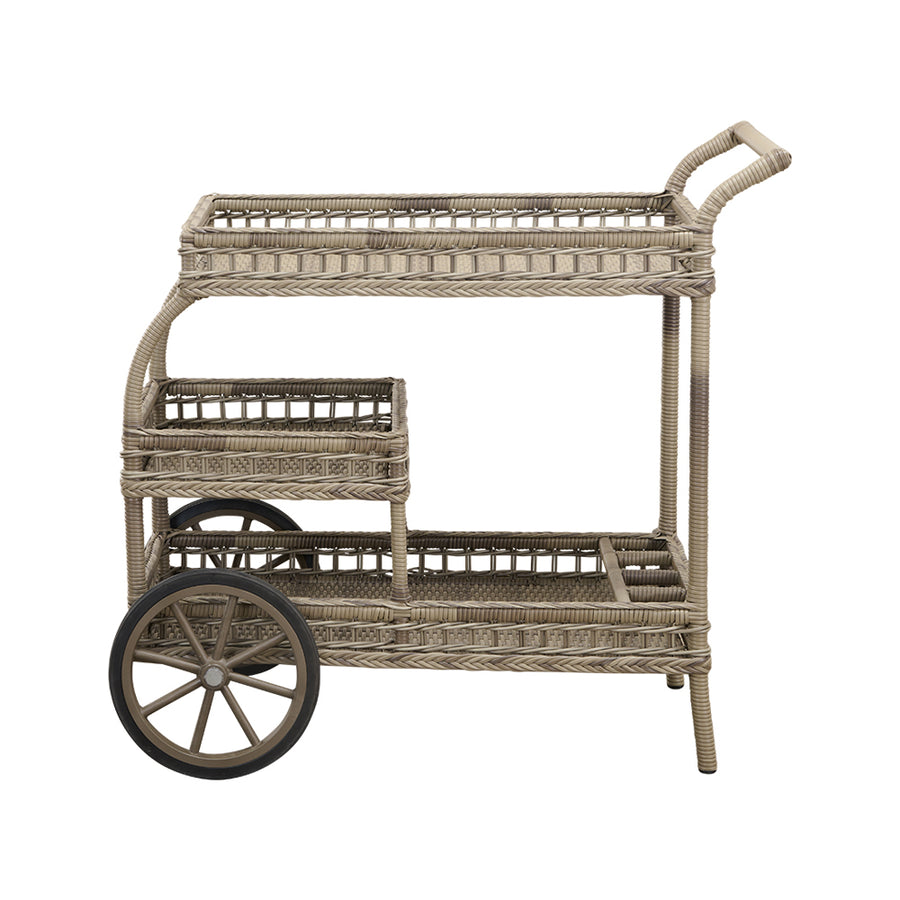 Antikszürke színű, műrattan kerti bárkocsi.