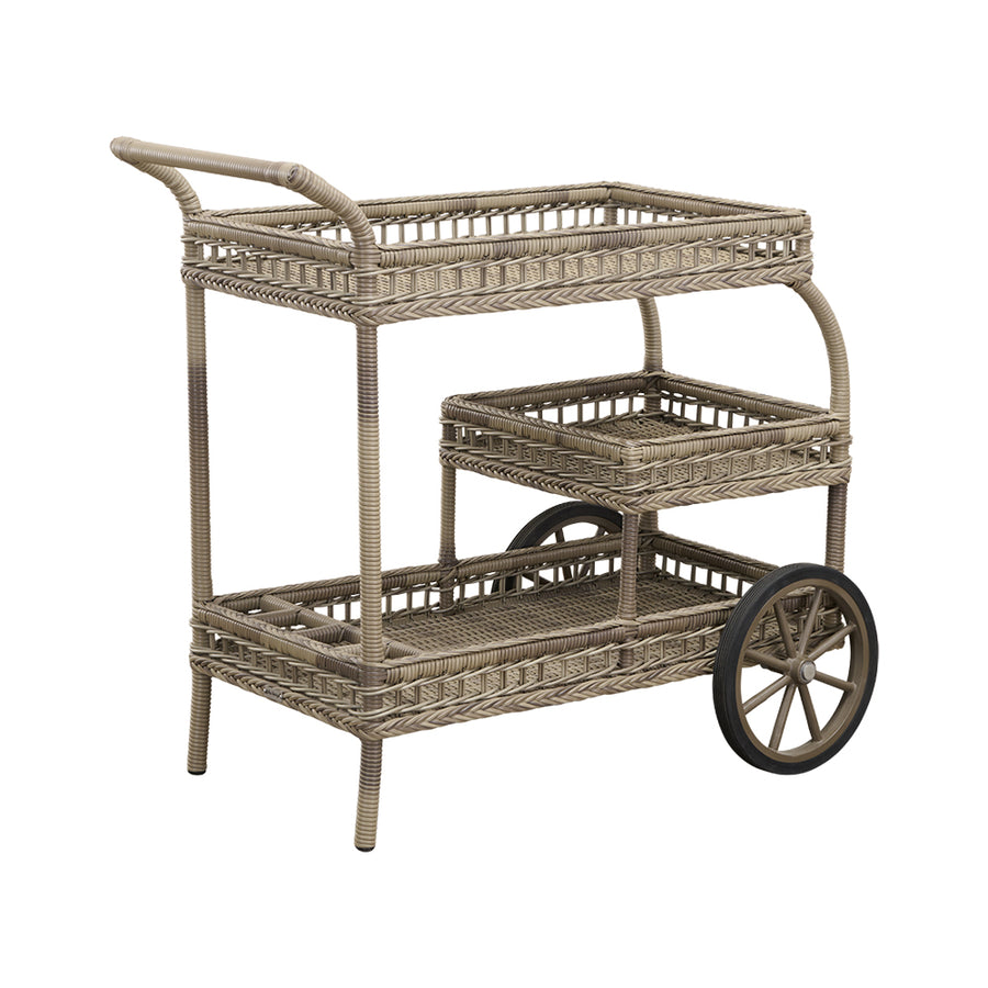 Antikszürke színű, műrattan kerti bárkocsi.