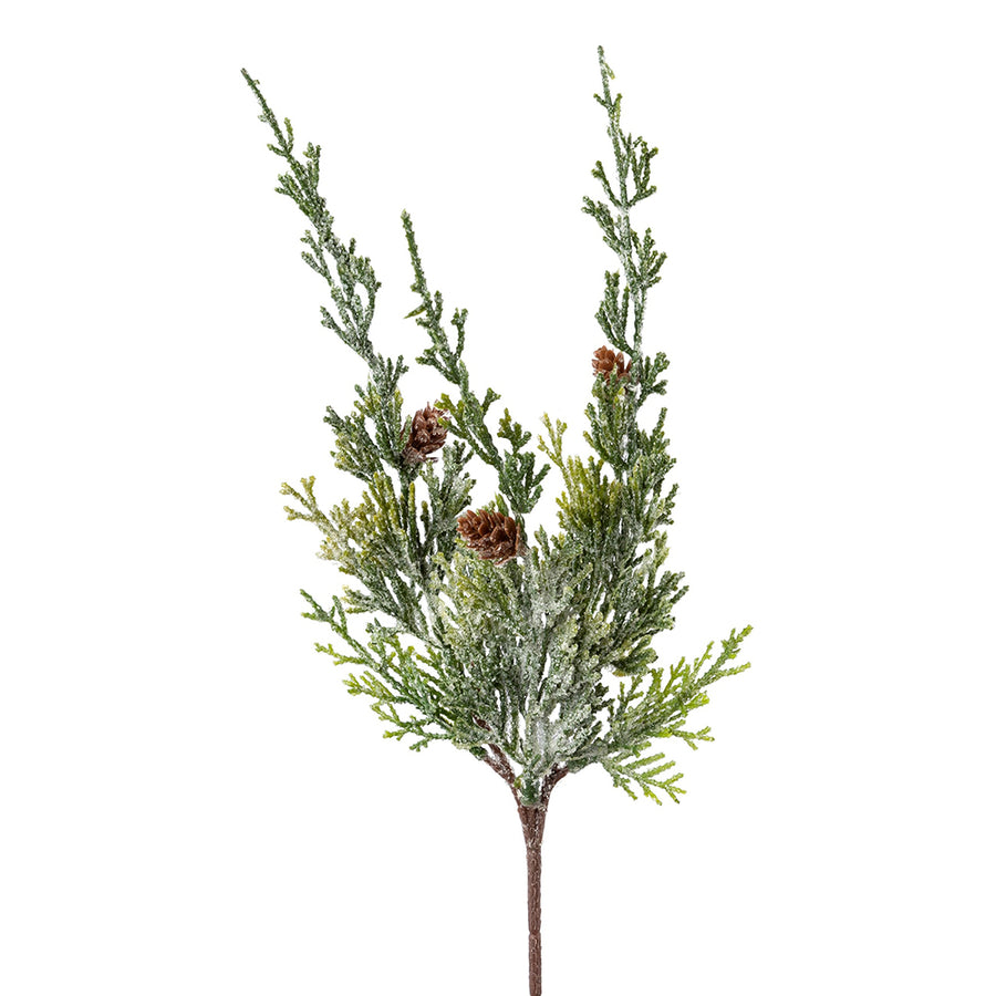 JUNIPERUS zöld jeges mű borókafenyő ág 43 cm, deres hatású tűlevelekkel és apró barna tobozokkal.