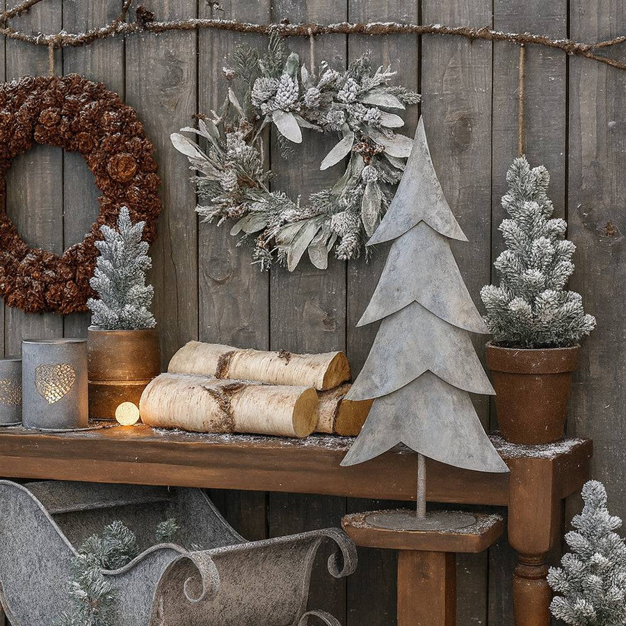 Junker bádog dekor fenyőfa 88 cm, vidéki stílusú karácsonyi dekoráció