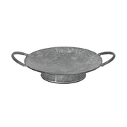 JUNKER szürke bádog tál 24 cm átmérővel, két oldalsó füllel, rusztikus, antikolt felülettel, vidéki stílusú lakberendezéshez.